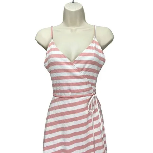 Olivaceous Wrap Midi Dress Pink and White Ribbed Summer Dress Tie Waist Womens S - Picture 2 of 8